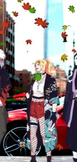 Anime characters stand in urban setting with a red car and skyscrapers.