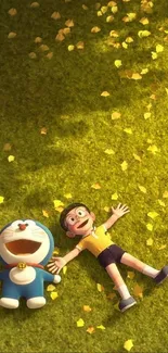 Anime characters lying on grass amidst yellow leaves.