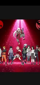 Anime characters in spotlight with red background.