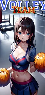 Anime cheerleader with pom-poms in gym