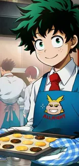 Anime character in kitchen with cookies.