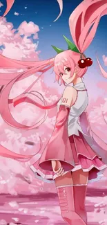 Anime girl with cherry pink hair in a sakura blossom setting.