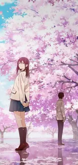 Anime scene with cherry blossoms in bloom.