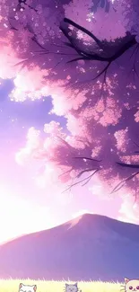 Anime wallpaper with cherry blossoms and cats under a serene sky.