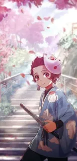 Anime character in cherry blossom setting, wearing blue attire.