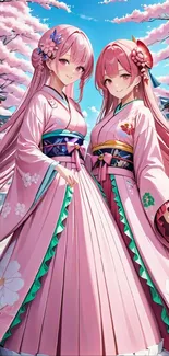 Anime twins in pink kimonos under cherry blossoms.