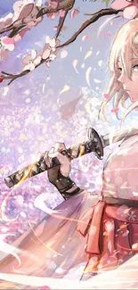 Anime girl with a sword amidst cherry blossoms in a serene landscape.