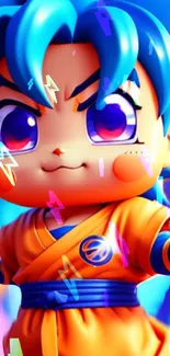 Vibrant anime chibi fighter wallpaper in orange and blue hues.