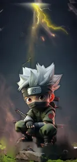 Chibi anime ninja with silver hair and dark dramatic background.