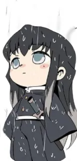 Anime chibi character standing in rain with dark hair and blue eyes on wallpaper.