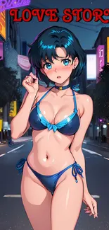 Anime character in bikini with vibrant city background and neon lights.