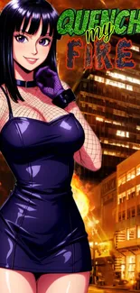 Anime character in dark dress against fiery urban skyline.