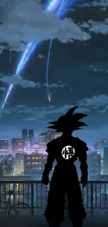 Anime silhouette with skyline under a night sky.