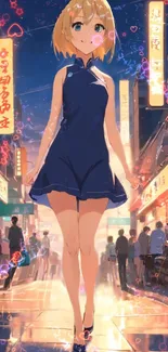 Anime girl walking in a vibrant city street at night.