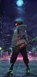 Anime warrior standing in vibrant city nightscape under full moon.