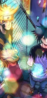 Two anime characters in city street setting, vibrant colors.