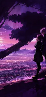 Anime characters overlook city at sunset with purple sky.