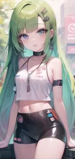 Anime girl with green hair in a cityscape setting and vibrant colors.