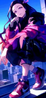 Anime girl in purple jacket against a cityscape backdrop.