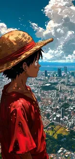 Anime character overlooking a vast cityscape with a bright blue sky.