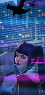 Anime cityscape at night with glowing purple lights and mysterious characters.