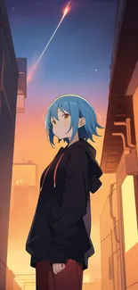 Anime girl in city with shooting star night scene.