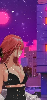 Anime girl with red hair standing in a neon-lit cityscape at night.