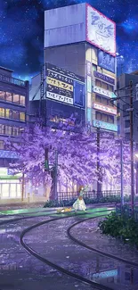 Anime cityscape with cherry blossoms under a starlit sky.