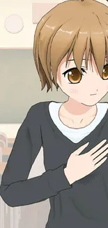 Cute anime character in a classroom setting, ideal for mobile wallpaper.