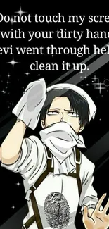 Anime character cleaning screen wallpaper with humorous text.