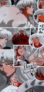 Anime collage wallpaper with dynamic characters in gray, red, and white hues.