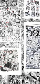 Grayscale anime collage wallpaper with red accents and expressive faces.