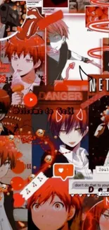 Anime collage wallpaper with a red aesthetic and dynamic character expressions.