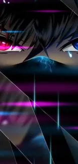 Anime wallpaper with striking red and blue eyes in dark theme.