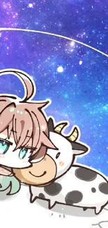 Anime character and cow on a cosmic background.