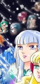 Anime scene with characters in a cosmic starlit background.