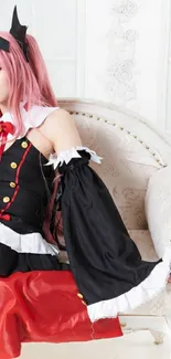 Anime cosplay wallpaper with pink-haired character.