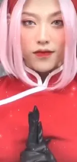 Anime character in red cosplay outfit with pink hair.