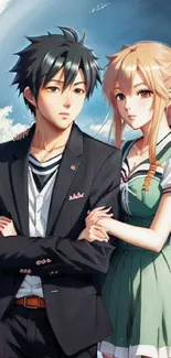 Anime couple standing under a cloudy sky.