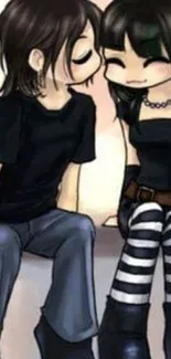 Cute anime couple sitting together in black outfits.