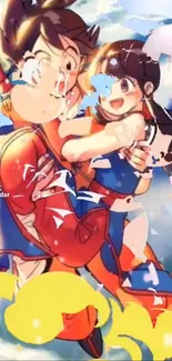 Anime couple in dynamic, colorful action scene.