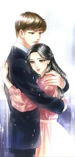 Romantic anime couple embracing in a tender scene, perfect for mobile wallpaper.