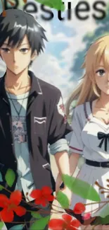 Anime couple holding hands with a floral background.