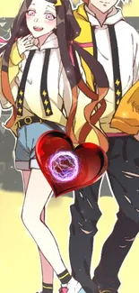 Anime couple with glowing heart on light yellow background.