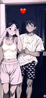 Anime couple in casual clothing with a red heart above them.