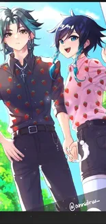 Anime couple in vibrant nature setting with colorful outfits.