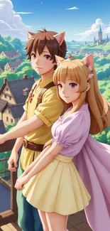 Anime couple with cat ears in a scenic village setting.