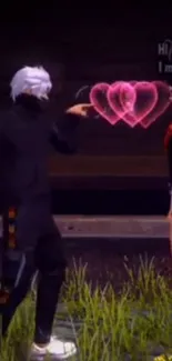 Anime couple exchanging hearts with a vibrant pink glow.