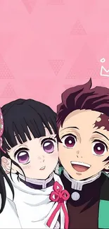 Vibrant anime couple on a pink background.