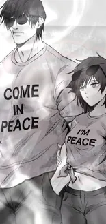 Monochrome anime couple art with peace-themed shirts.